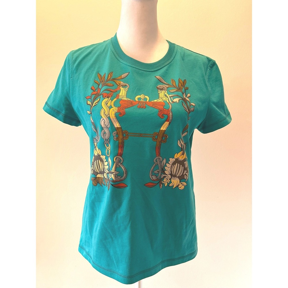 Hermes Paris Turquoise Green Cotton Horse Bit Graphic T Shirt Top FR 36 US 4 6 8